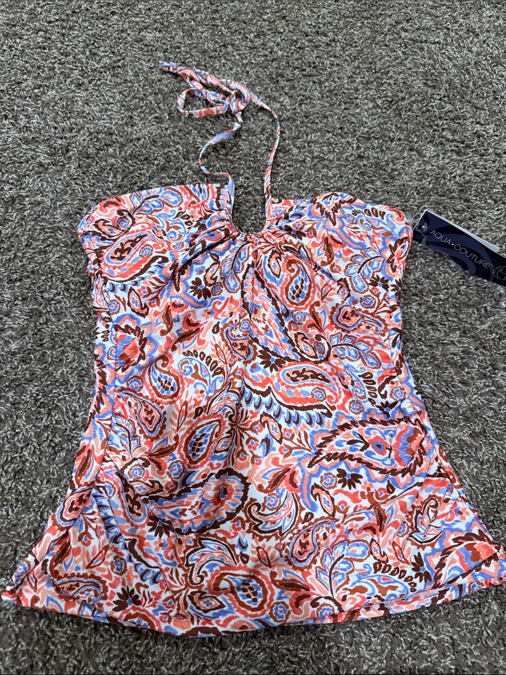 Aqua Couture Coral & Blue Paisley Halter Tankini Top
